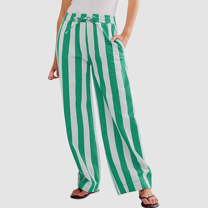 Women Casual Baggy Trousers, Striped Color Blocking, High Waist, Wide Leg, Pockets