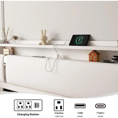 Floating Bed Frame with LED Light and Charging Station, Storage Headboard