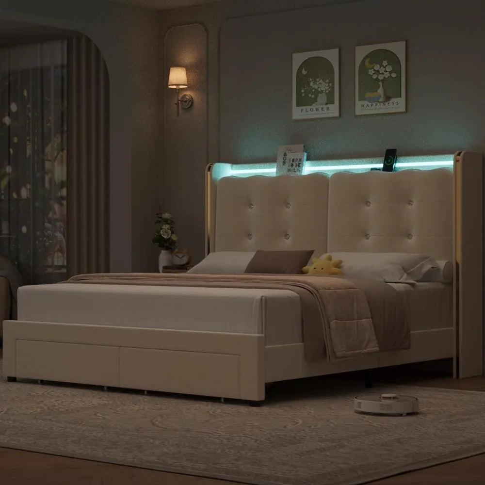 Upholstered Full LED Bed Frame with Charging Station and Storage Drawers, Platform Bed Frames
