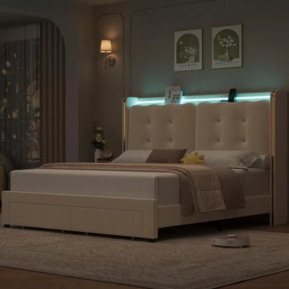 Upholstered Full LED Bed Frame with Charging Station and Storage Drawers, Platform Bed Frames