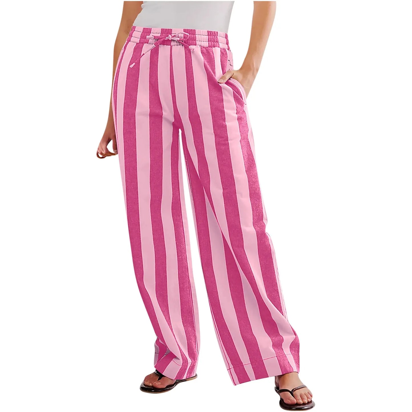 Women Casual Baggy Trousers, Striped Color Blocking, High Waist, Wide Leg, Pockets