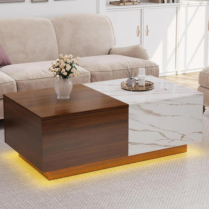 LED Coffee Table, 43" UV High Gloss Table with 2 Drawers & Hidden Storage Compartment & Open Compartments