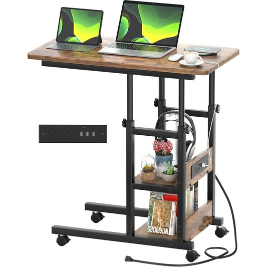 C Shaped Adjustable Height End Table with Charging Station, TV Tray with Wheels Slide Under Sofa/Bed