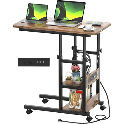 C Shaped Adjustable Height End Table  with Charging Station, TV Tray with Wheels Slide Under Sofa/Bed