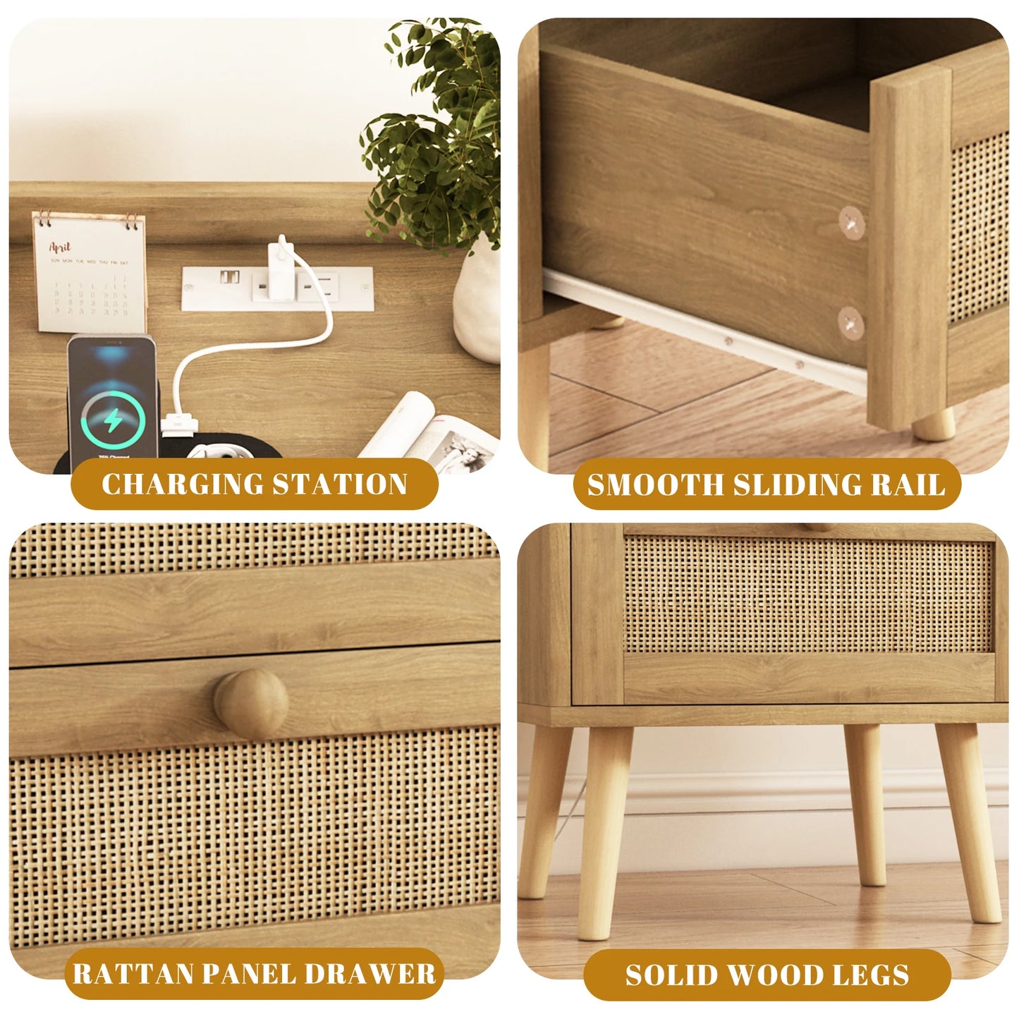 Rattan Nightstand with Charging Station, with 2 Drawers, Natural