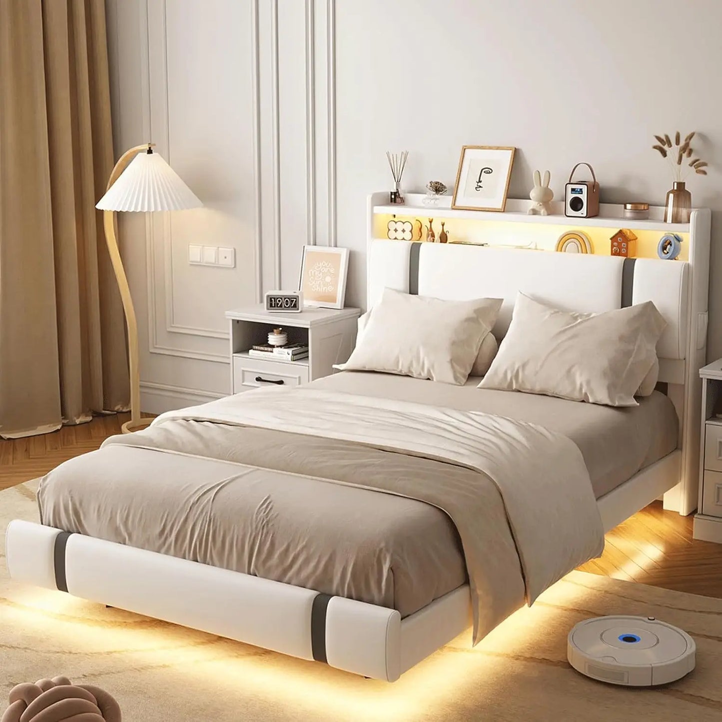 Floating Bed Frame with LED Light and Charging Station, Storage Headboard