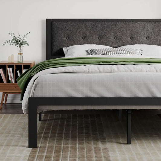 King Size Platform Bed Frame with Upholstered Headboard, Metal Slats Support, Noise Free