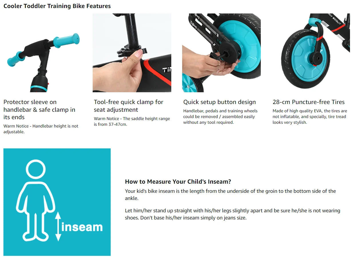 Tiny Scout Balance Bike 3 4 5 Years , 4-in-1 with Optional Support Wheels and Pedals, Saddle Height Adjustable