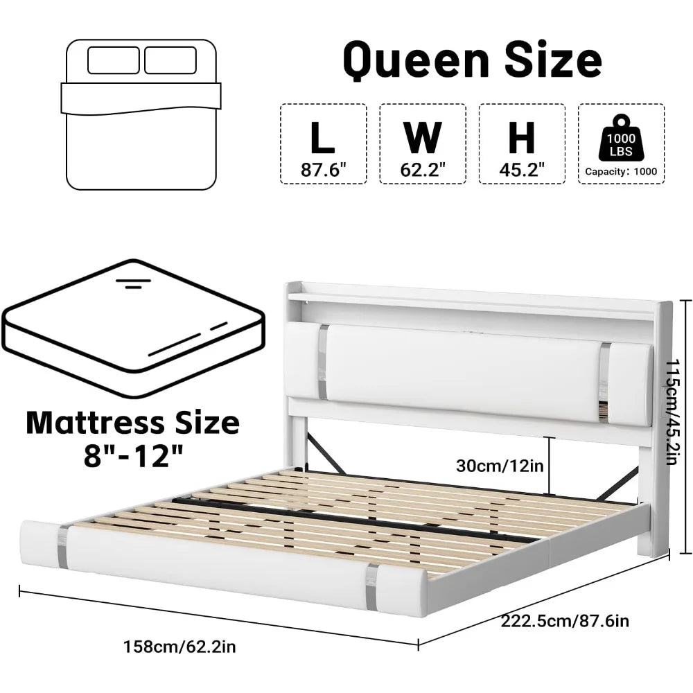 Floating Bed Frame with LED Light and Charging Station, Storage Headboard