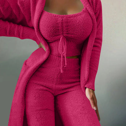 Women'S Fleece 3 Pc Loungewear, Spaghetti Strap Crop Tank, Wide Long Pants, Fuzzy Kimono ,