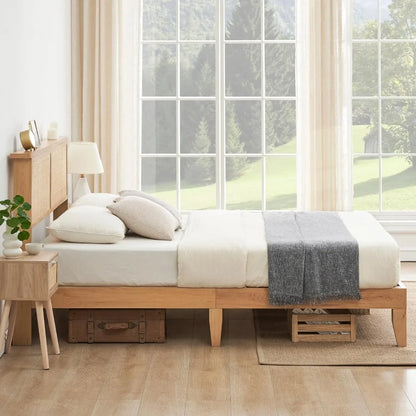Full Bohemian Rattan Bed Frame with LED Lights,Solid Wood Foundation