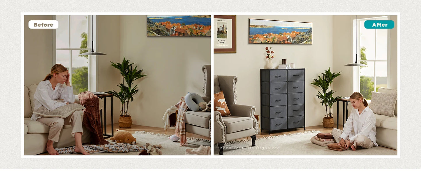 Bedside Table With 10 Fabric Drawers, Steel Frame