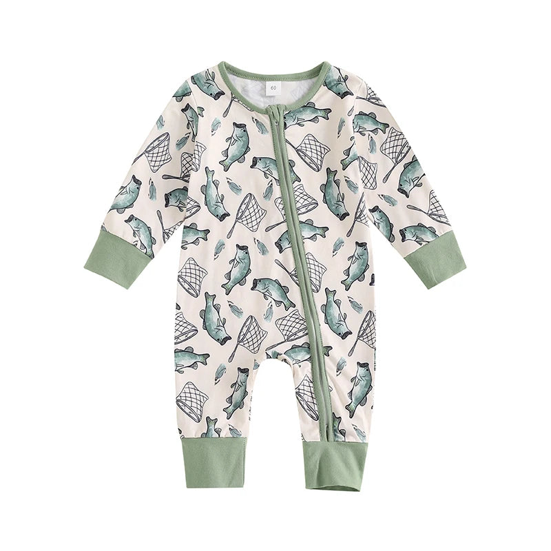 0-12MO Baby Boys Autumn Casual Romper, Long Sleeve Crew Neck, Fish Print, Oblique Zipper Jumpsuit