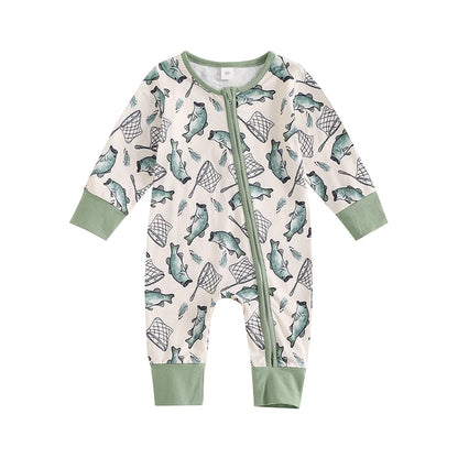 0-12MO Baby Boys Autumn Casual Romper, Long Sleeve Crew Neck, Fish Print, Oblique Zipper Jumpsuit