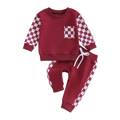 0 MO-3Y Girl Clothes Outfits, Long Sleeve, Checkboard Sweatshirt and Pants Set