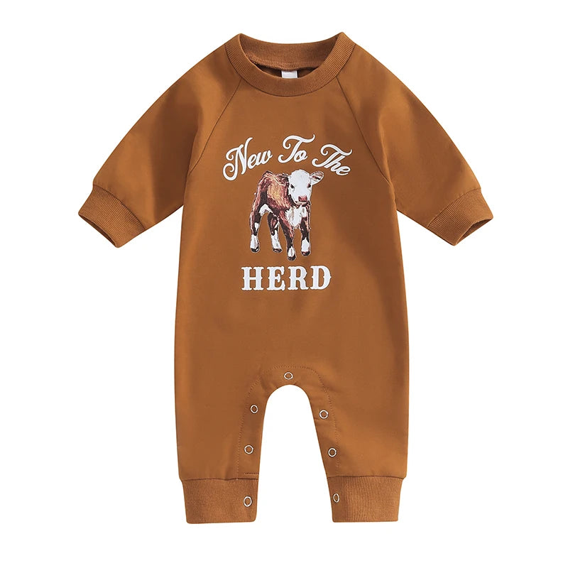 0-12M Newborn Baby Boy Sweatshirt Rompers-Bull Head Letter Print, Long Sleeve Jumpsuit
