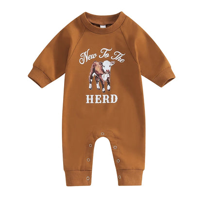 0-12M Newborn Baby Boy Sweatshirt Rompers-Bull Head Letter Print, Long Sleeve Jumpsuit