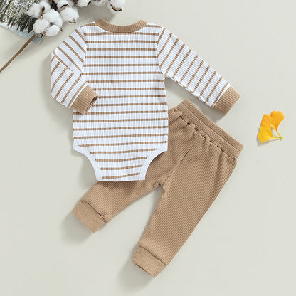 3-24MO Infant Boy Fall Outfits, Long Sleeve Striped Print Romper + Pants