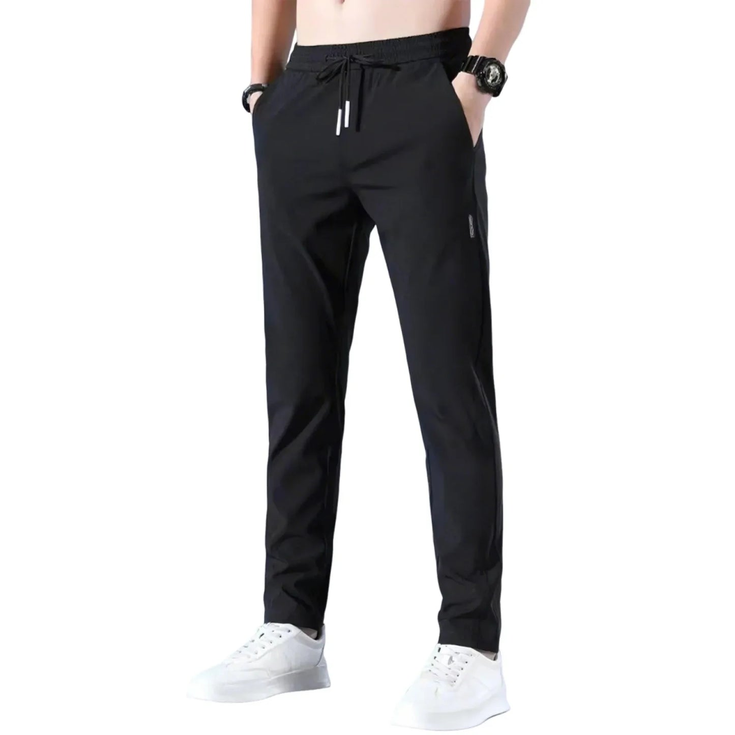Men Fast Dry Stretch Pants, Ice Silk Trousers, Solid Color, Mid-Waist