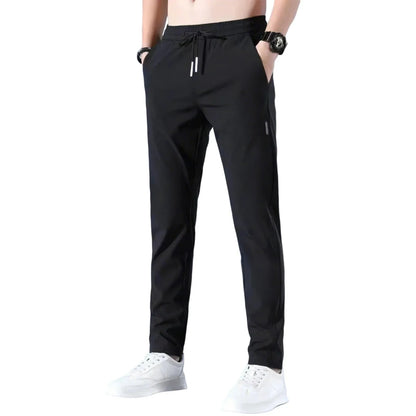 Men Fast Dry Stretch Pants, Ice Silk Trousers, Solid Color, Mid-Waist