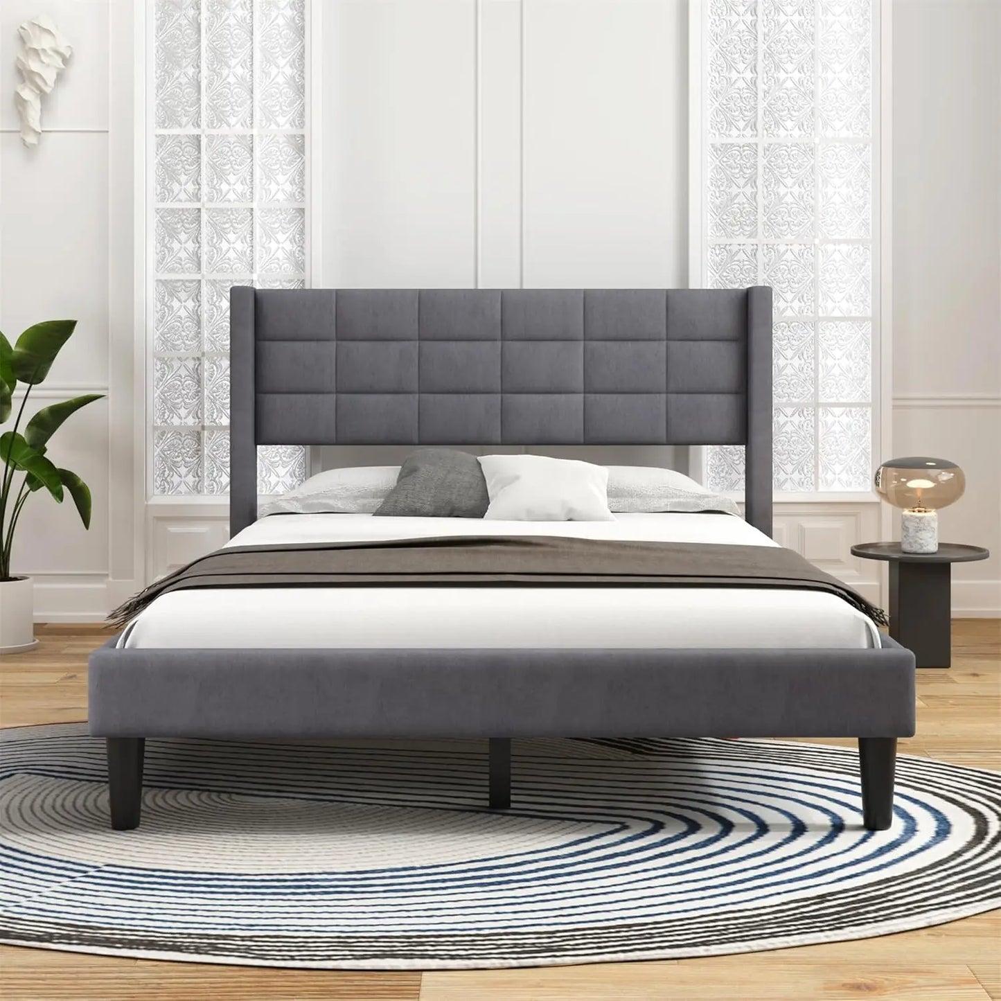 Upholstered Platform Bed Frame with Stitching Design Headboard, Noise-Free, No Box Spring Needed