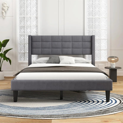 Upholstered Platform Bed Frame with Stitching Design Headboard, Noise-Free, No Box Spring Needed
