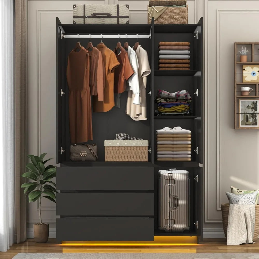 3 Door Armoire Wardrobe with 3 Drawers & Mirror, Hanging Rod, LED Lights