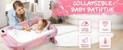 Baby Bath Tub with Soft Cushion & Thermometer, 0-36 Months,Portable Travel Baby Tub