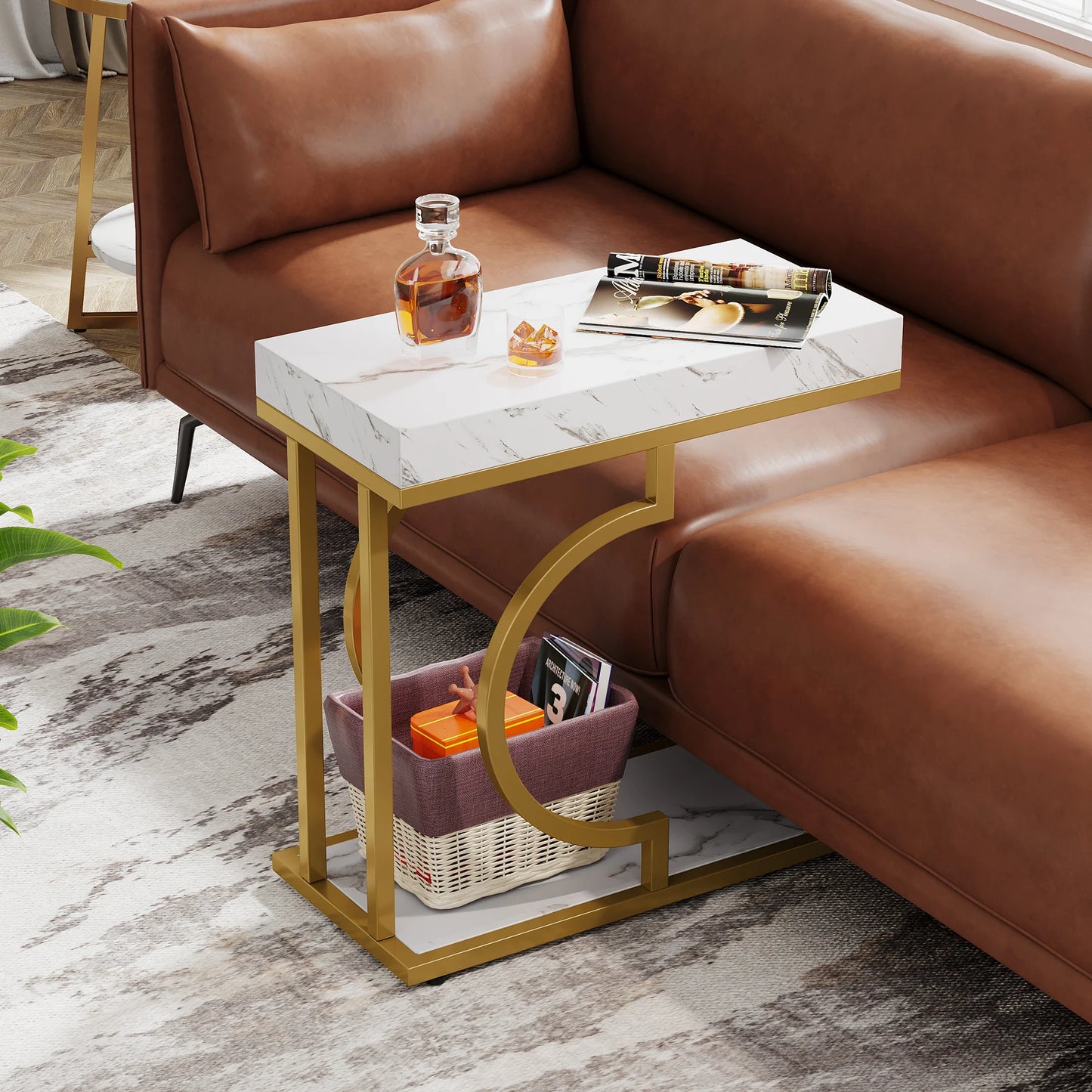 Narrow White Gold Side C Shaped End/Bedside Table