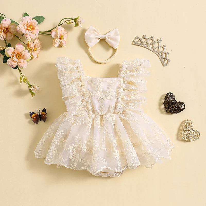 2Pcs  6-24M Baby Girl Summer Ruffle Sleeve Square Neck Lace Romper Dress with Headband Set