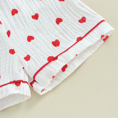 6MO-4T Girl Valentine‘s Day Heart Button Down Short Sleeve Sleepwear Loungewear Pjs Set