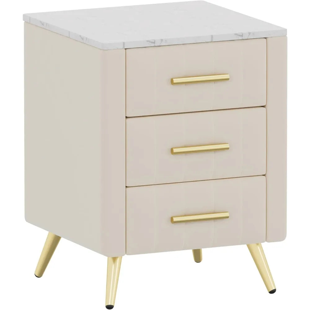 Nightstand with Drawers Set of 2, Upholstered Wood with Marbling Top