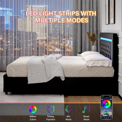 Faux Leather Upholstered Bed Frame with Diamond Headboard, LED Lights and Storage Drawers,