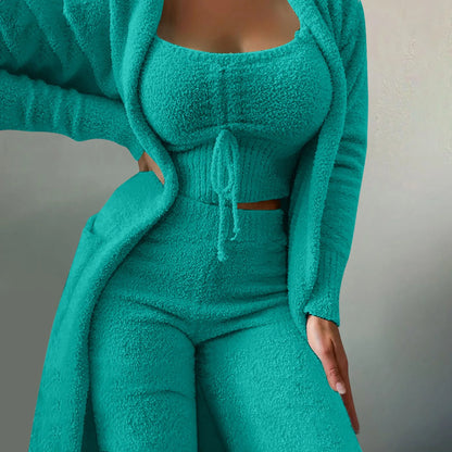 Women'S Fleece 3 Pc Loungewear, Spaghetti Strap Crop Tank, Wide Long Pants, Fuzzy Kimono ,