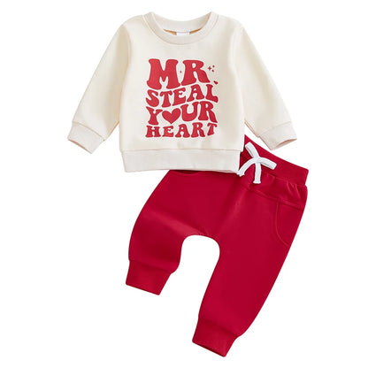 Toddler Baby Boy Valentines Outfit, Letter Print Long Sleeve Sweatshirt and Elastic Pants