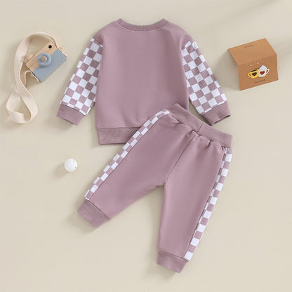 0 MO-3Y Girl Clothes Outfits, Long Sleeve, Checkboard Sweatshirt and Pants Set