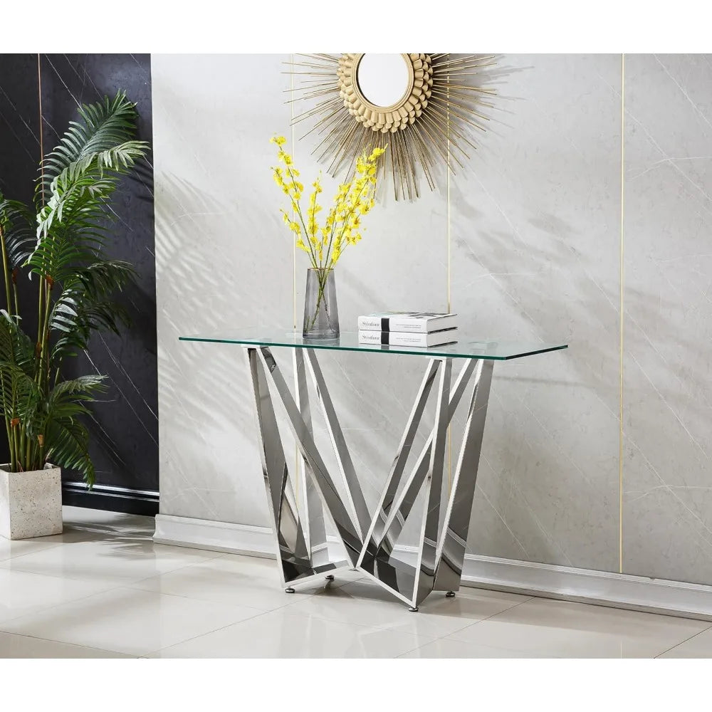 47 inch Glass Console Table with Stainless Steel Frame