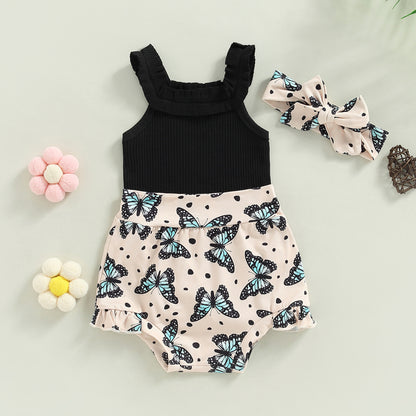 3-18M Baby Girls Shorts Set, Sleeveless Romper, Flower/Rainbow/Print Shorts, Hairband