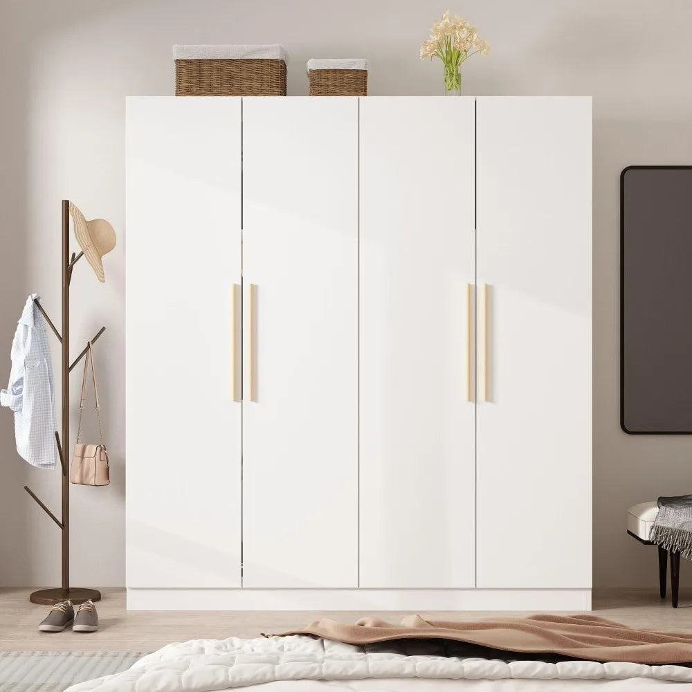 4 Door Wardrobe Armoires w/Storage Shelves, w/Hanging Rod, Wooden Handles