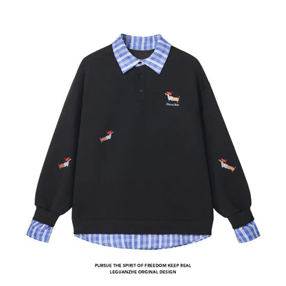 Unisex Plaid Patchwork Fake Two Sweatshirt, College Style Puppy Embroidery, POLO Collar