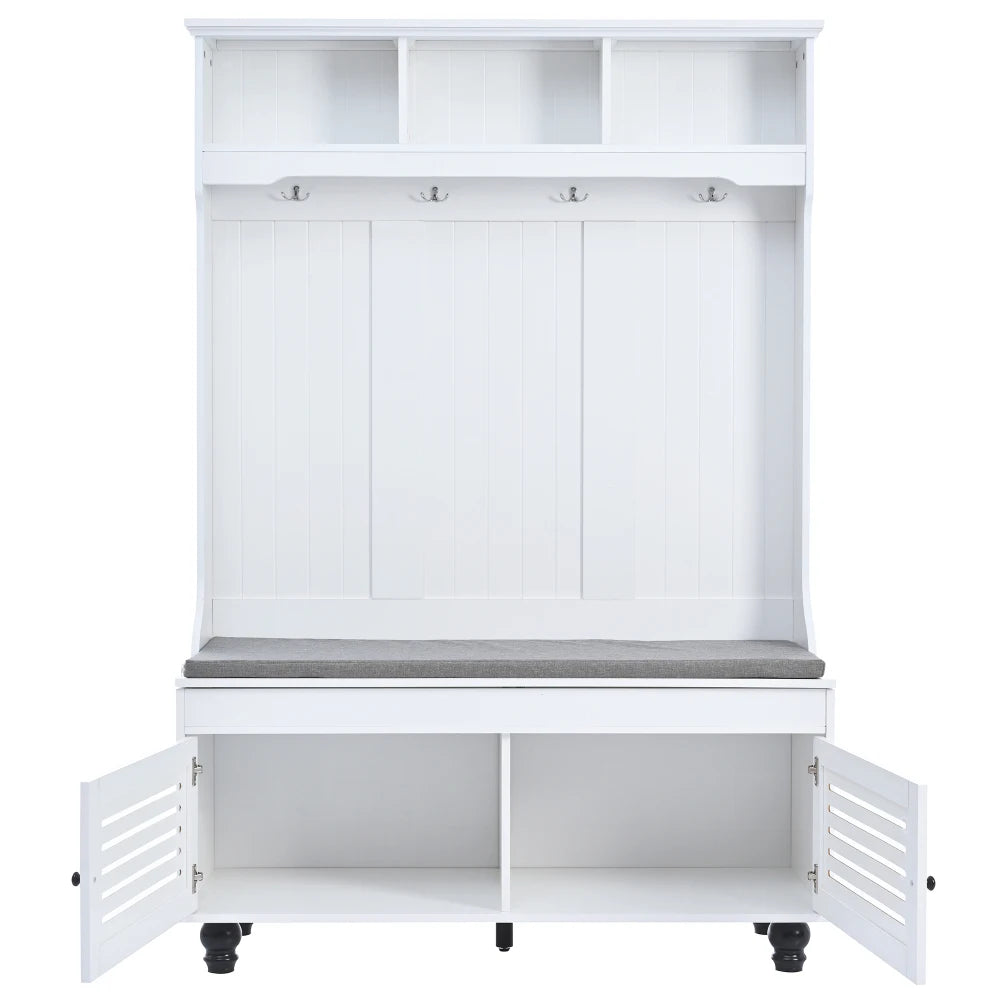 47.2'' Wide Hall Tree with Storage, 5-in-1 Entryway Bench with Shutter-shaped doors, Coat Rack, Cushion and 4 Sturdy Hooks
