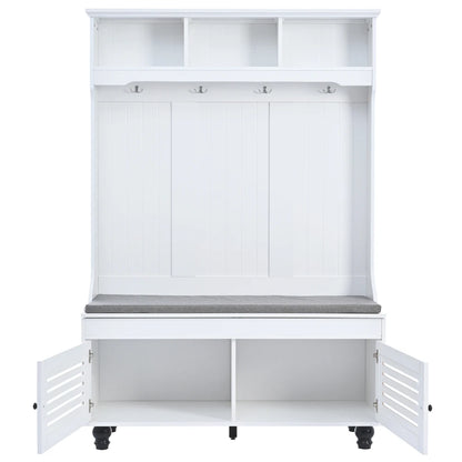 47.2'' Wide Hall Tree with Storage, 5-in-1 Entryway Bench with Shutter-shaped doors, Coat Rack, Cushion and 4 Sturdy Hooks