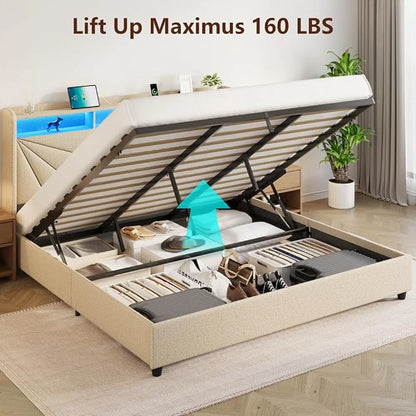King Size Bed Frame with Storage, Lift Up Upholstered King Bed Frame with LED Lights Headboard and Charging Station, No Box Spring