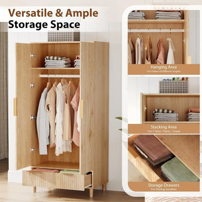 Wardrobe Armoire with Doors And Drawers, with Hanging Rack, Oak