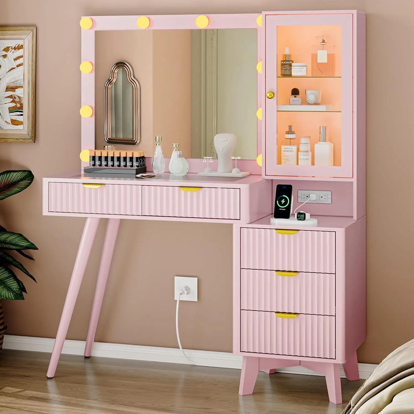Fluted 45" Glass Top Makeup Table with 5 Drawers, Power Outlet & Storage Cabinet,