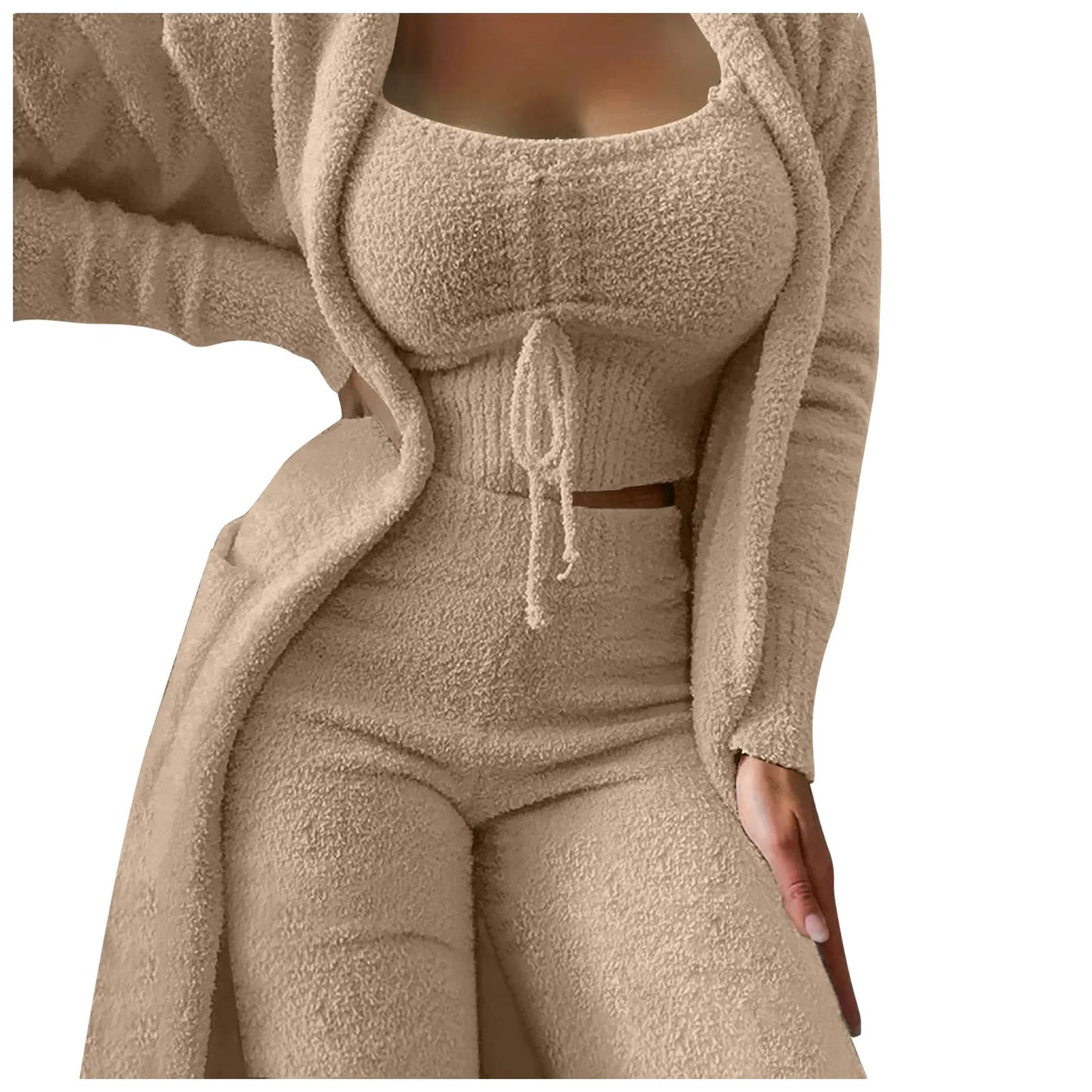 Women'S Fleece 3 Pc Loungewear, Spaghetti Strap Crop Tank, Wide Long Pants, Fuzzy Kimono ,