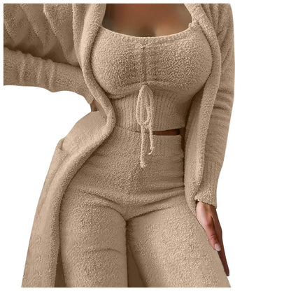 Women'S Fleece 3 Pc Loungewear, Spaghetti Strap Crop Tank, Wide Long Pants, Fuzzy Kimono ,