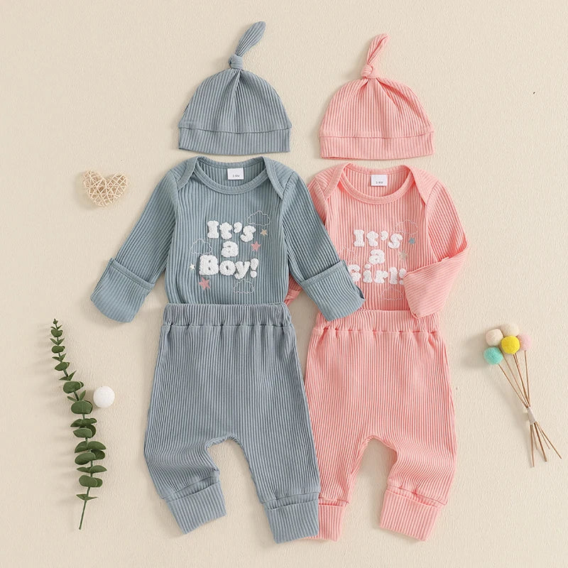Baby Boys/Girls 3PCS Outfit, Long Sleeve Crew Neck, Letter Embroidery Romper, Solid Color Pants & Hat