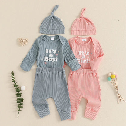 Baby Boys/Girls 3PCS Outfit, Long Sleeve Crew Neck, Letter Embroidery Romper, Solid Color Pants & Hat