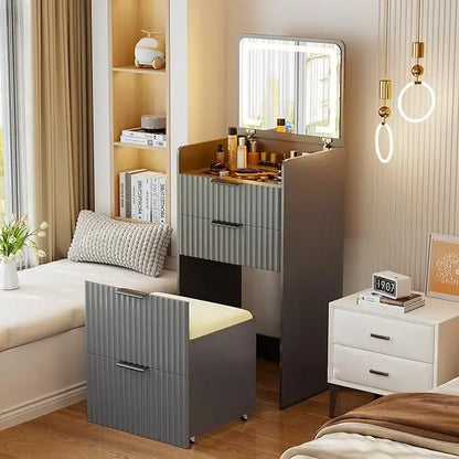3 in 1 Small Vanity Set w/ Glass Desktop, 3 Drawers & Storage